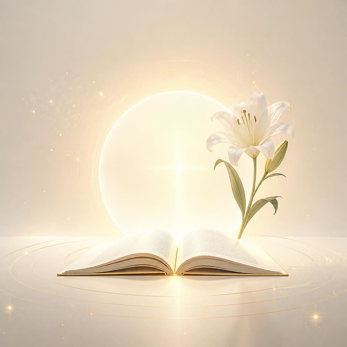 Livre ouvert avec halo doré et lys blanc
